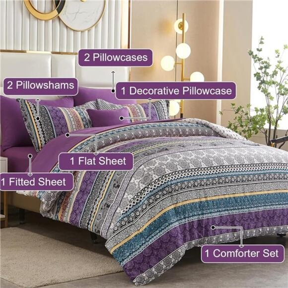 Boho Comforter Set Queen Size,8 Piece Bed in a Bag Bohemian Striped Bedding - Picture 9 of 14